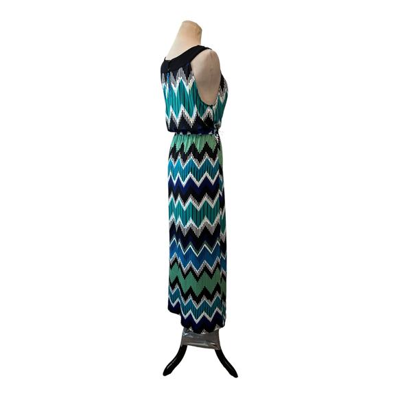 AB Studio blue green zig zag print sleeveless maxi dress size Small - Picture 9 of 11
